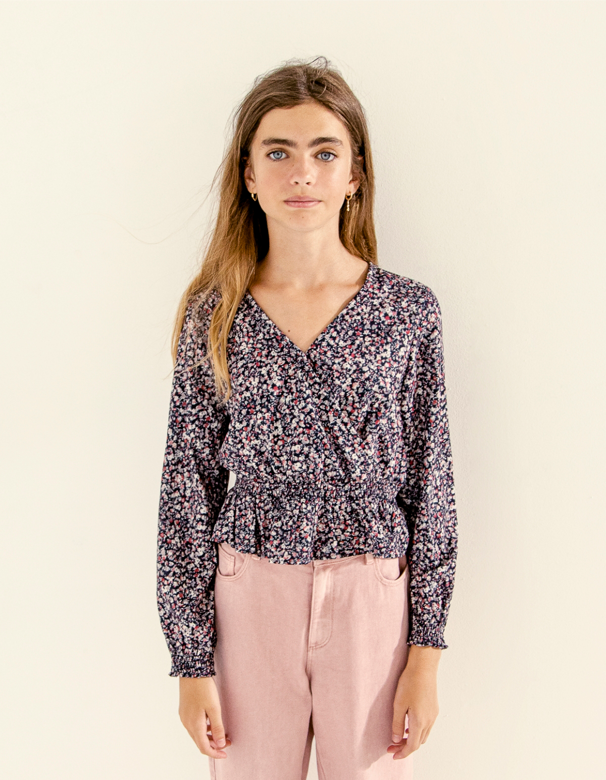 Girls’ navy micro flower cropped wrap blouse