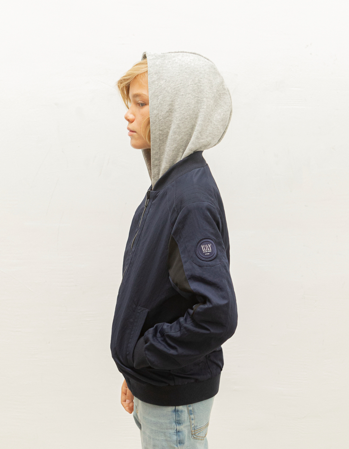 Boys’ navy and grey mixed fabric reversible bomber jacket