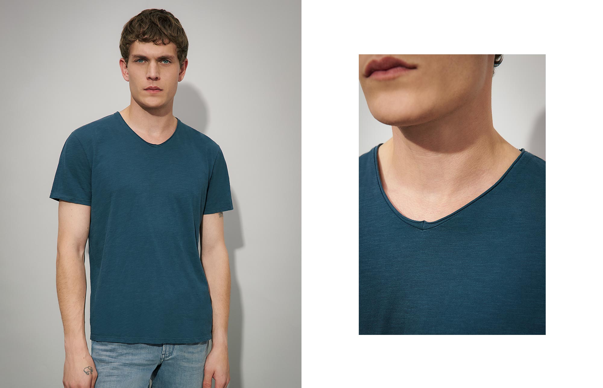 Stahlblaues Herren-T-Shirt Essentiel mit V-Ausschnitt