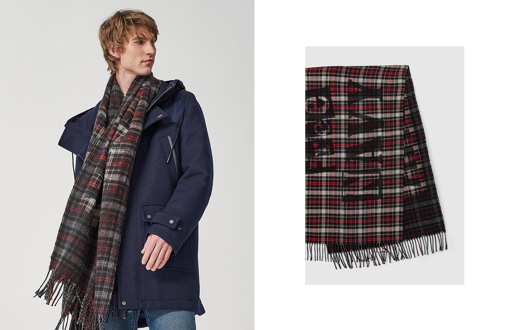 Men’s red checked slogan scarf