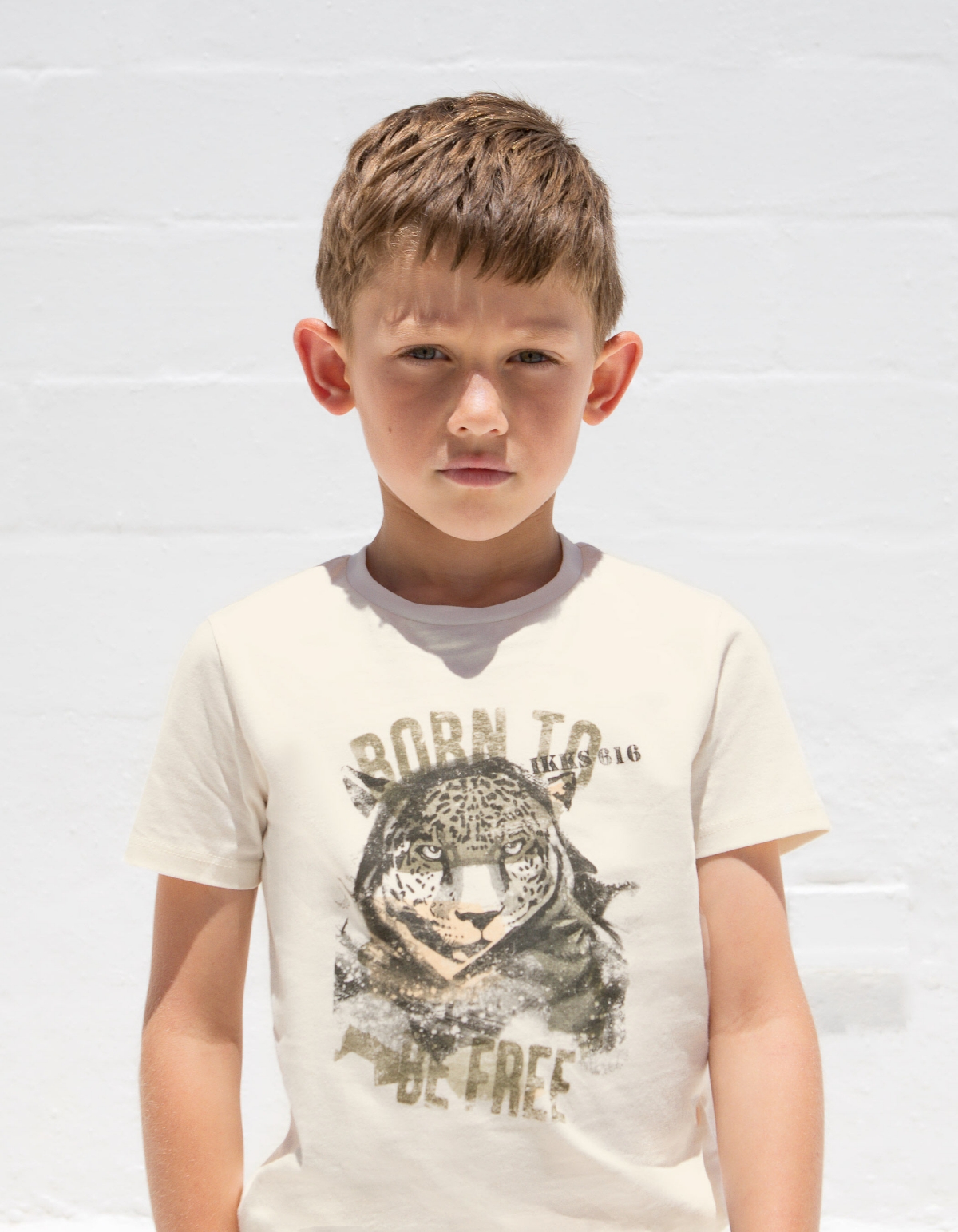 T-shirt écru coton bio tête de léopard garçon