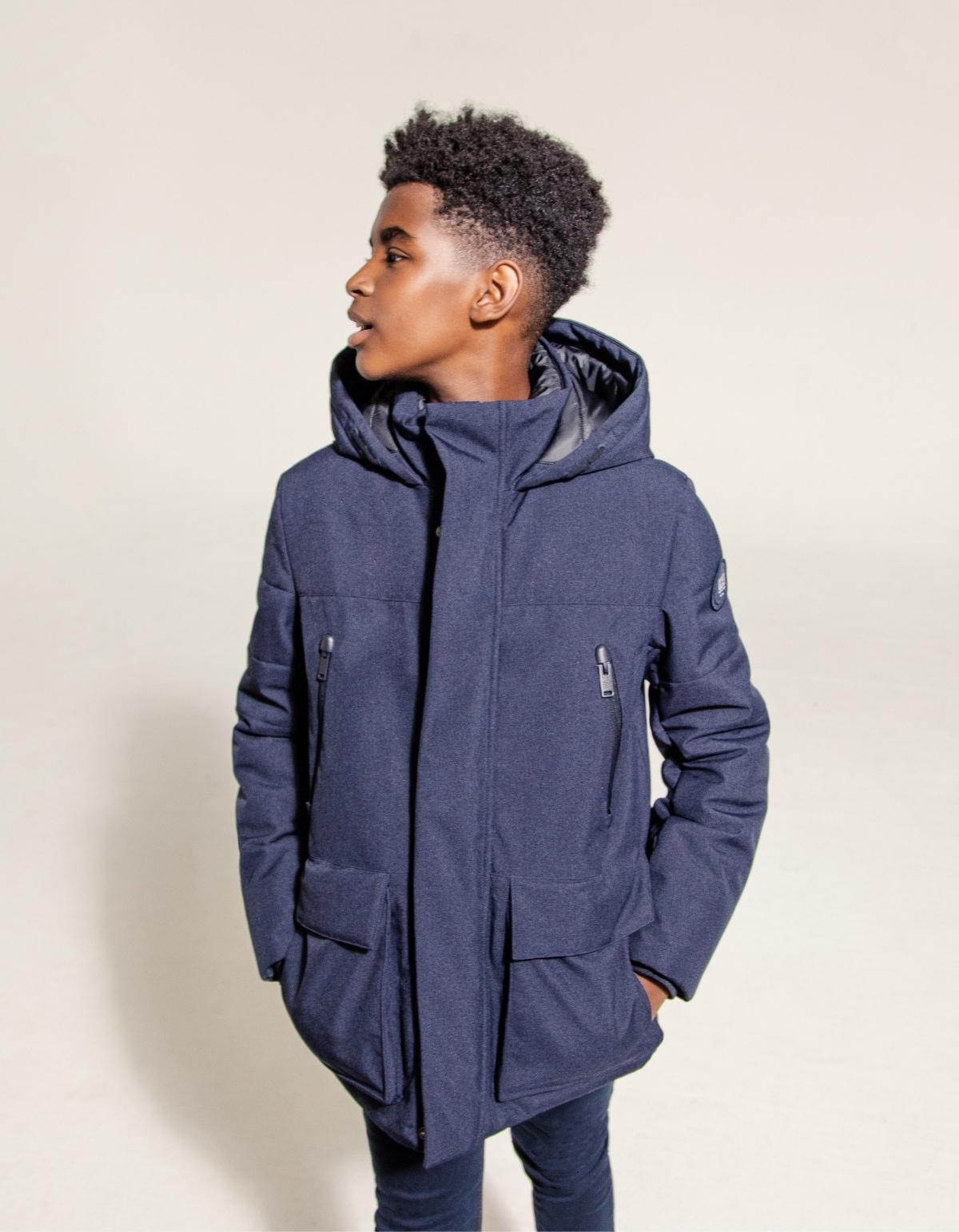 Boys’ navy parka with black quilted lining