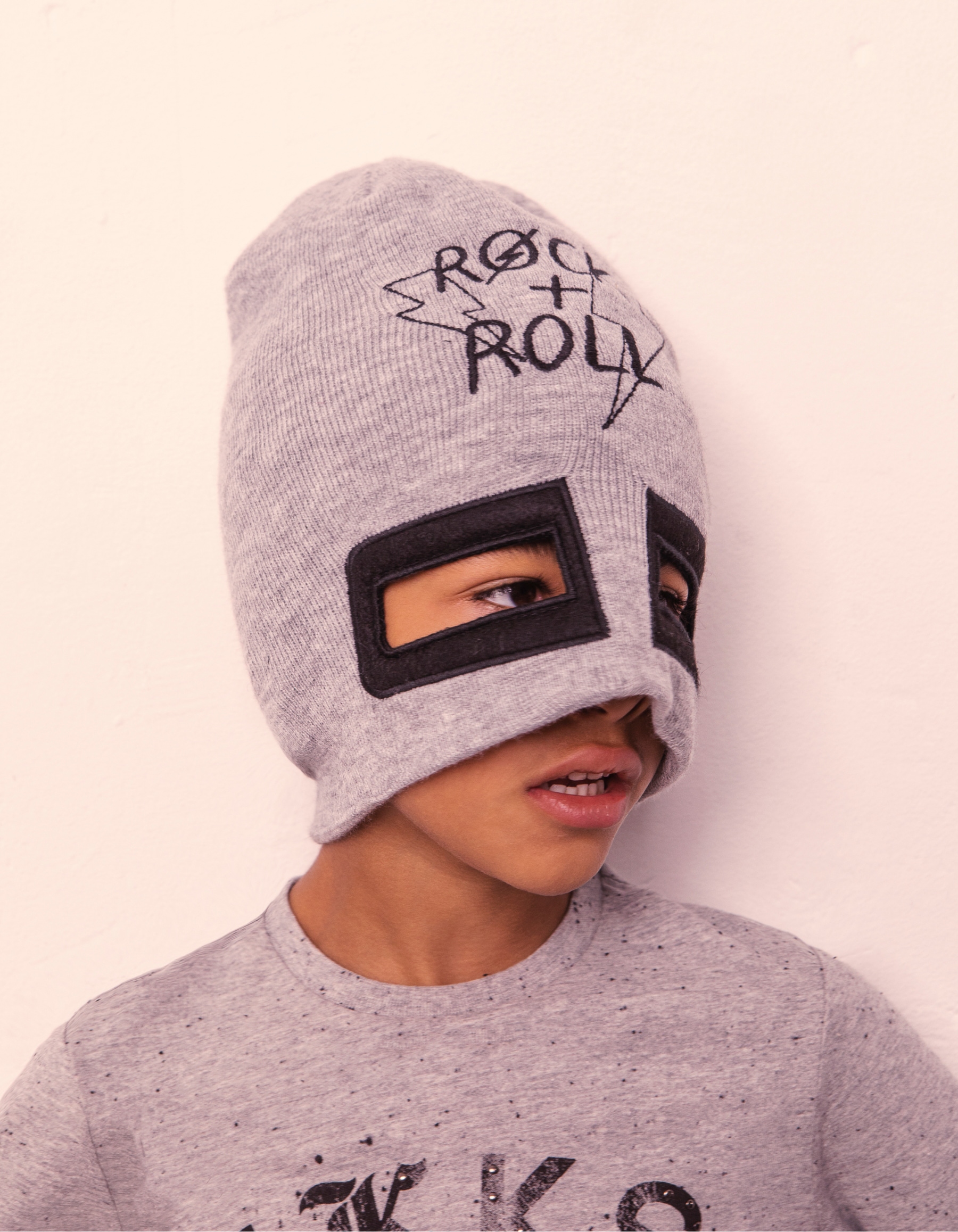 Bonnet-masque et snood tricot gris garçon 