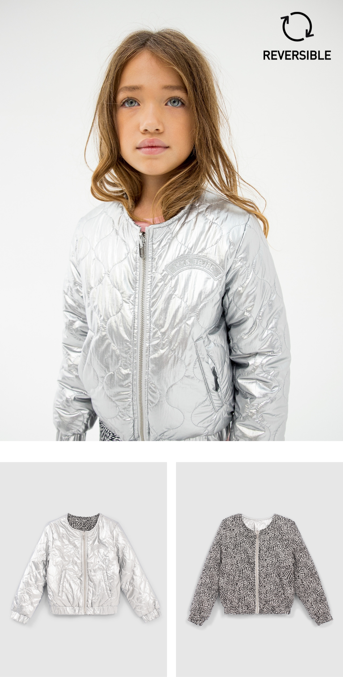 Girls' silver/graphic print reversible padded jacket