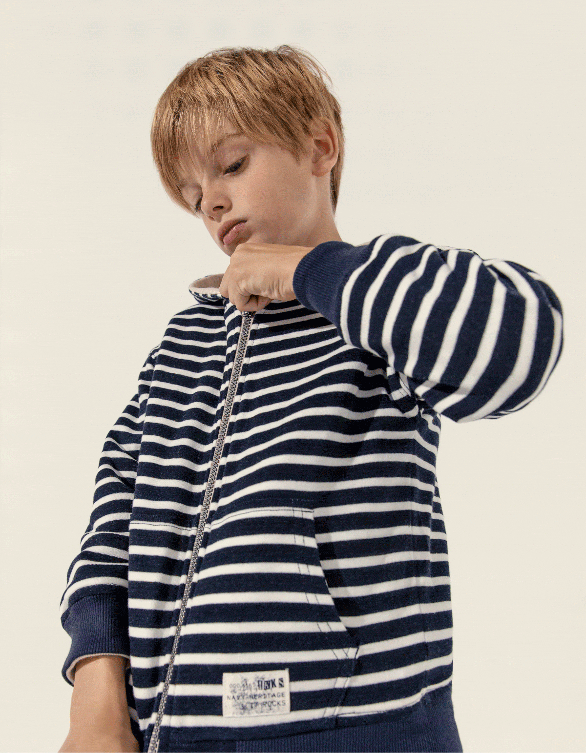 Boys’ ecru and navy striped reversible cardigan