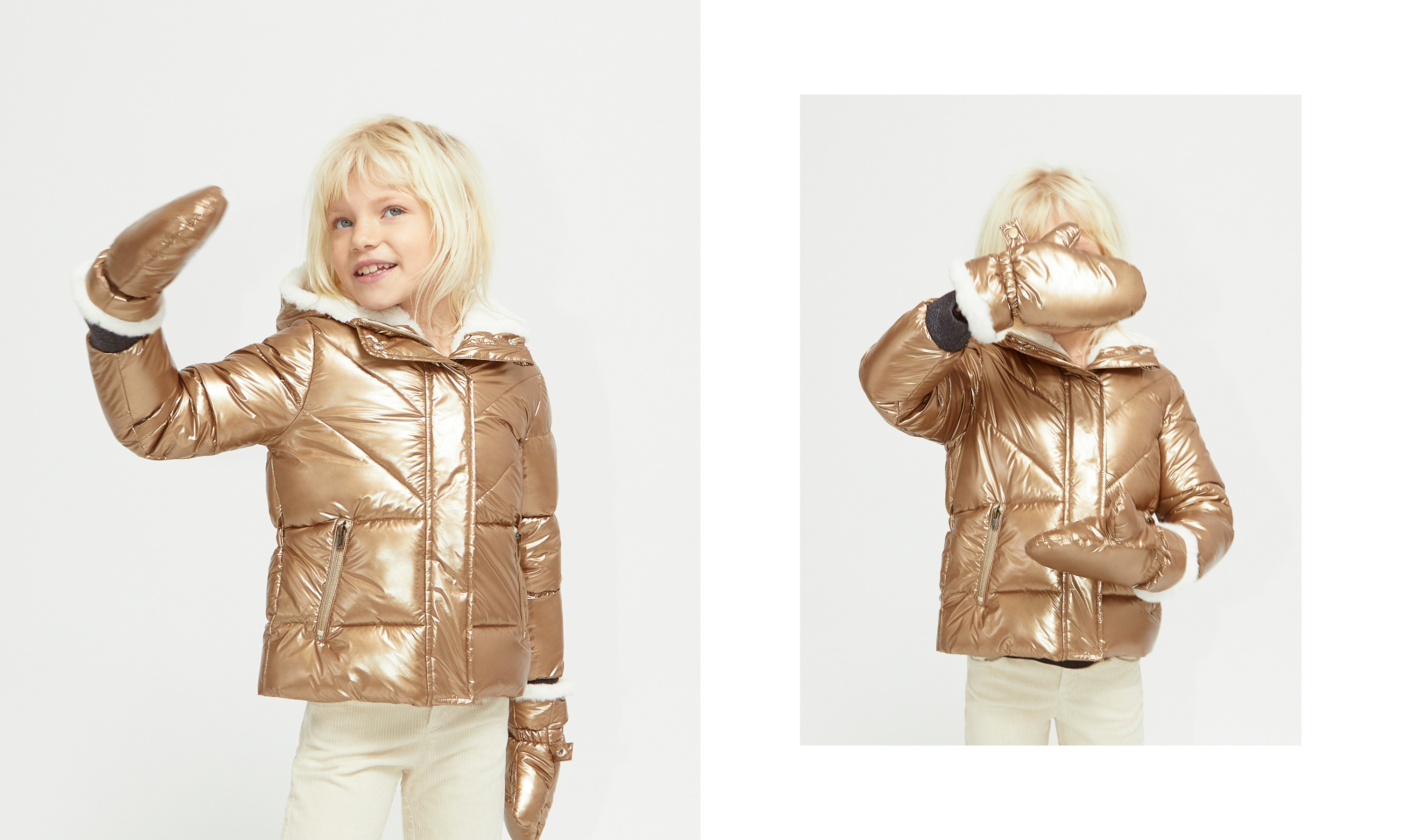 Girls’ gold fur-lined padded jacket, detachable mittens