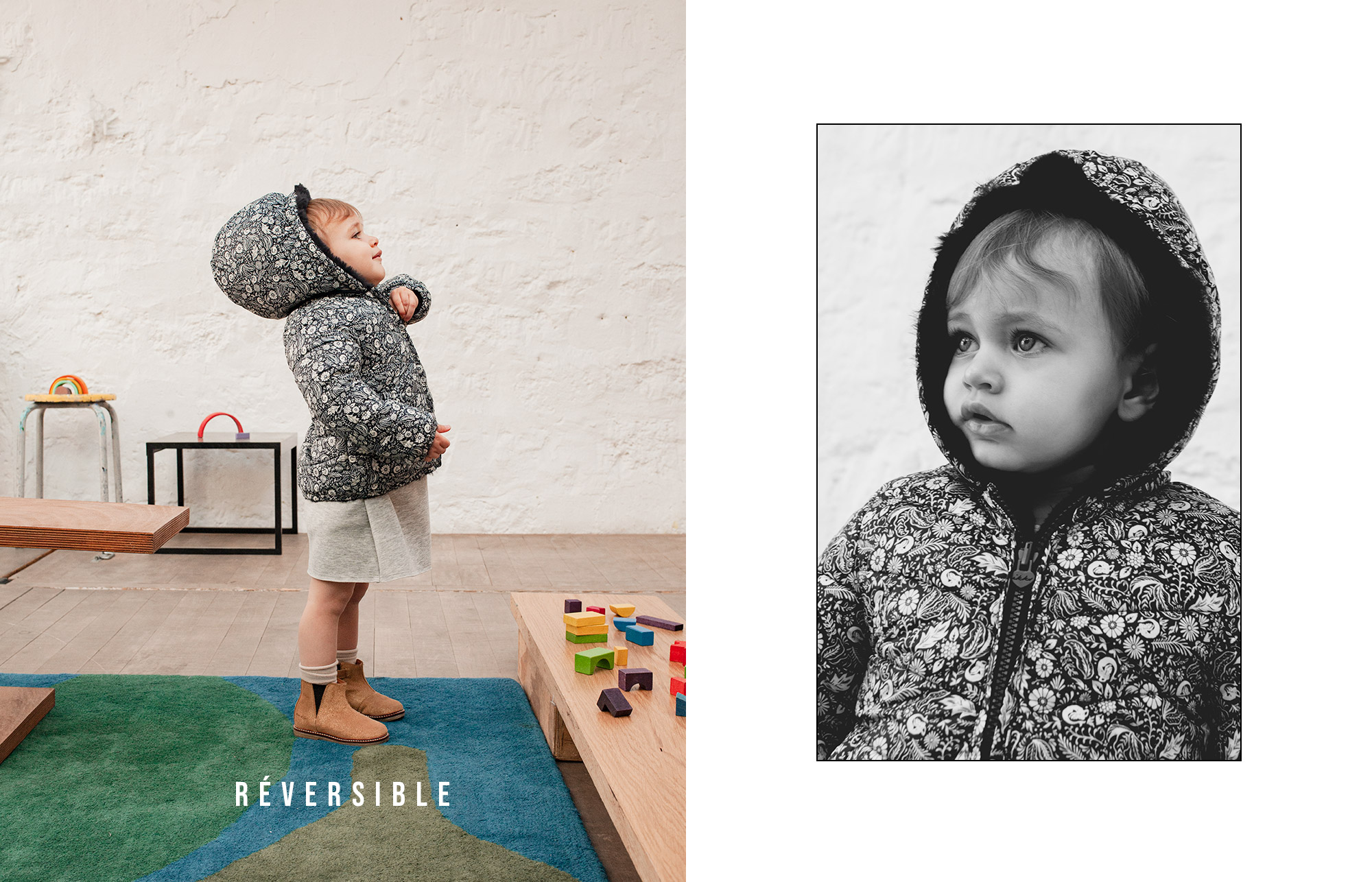 Baby girls' navy and tattoo print reversible padded jacket - IKKS Junior